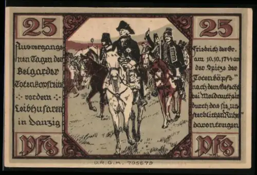 Notgeld Belgard a. Pers., 25 Pfennig, Reiter mit Friedrich dem Grossen und Wappen mit Greif