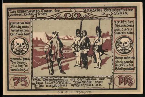 Notgeld Belgard a. Pers., 75 Pfennig, preussische Soldaten und Totenköpfe, Wappen mit Adler