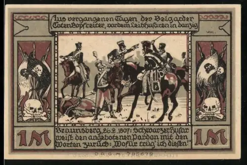 Notgeld Belgard a. Pers., 1 Mark, Reiter und Totenköpfe mit Wappen und Greif
