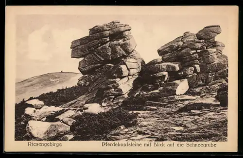 AK Pferdekopfsteine /Riesengebirge, Pferdekopfsteine mit Blick auf die Schneegrube