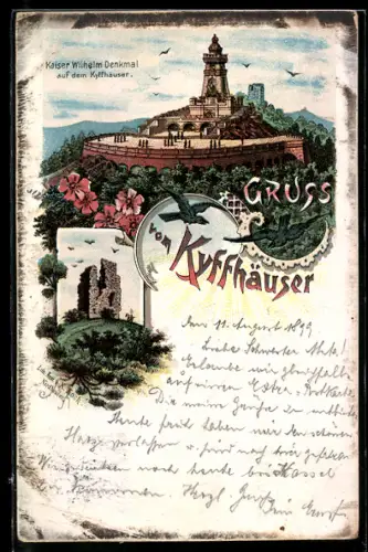 Lithographie Kyffhäuser, Kaiser Wilhelm Denkmal und Ruine
