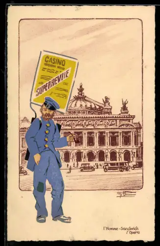 AK Paris, Opéra Garnier, Mann mit Werbeschild auf dem Rücken