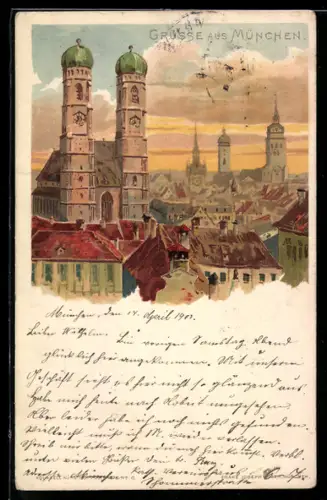 Lithographie München, Teilansicht mit Frauenkirche