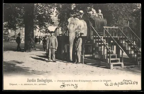 AK Anvers, Jardin Zoologique, Promenade à doe d`éléphant, avant le départ