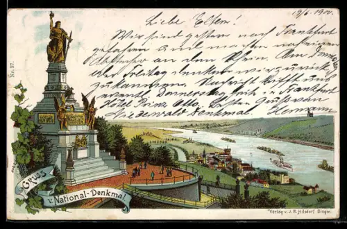 Lithographie Rüdesheim, National-Denkmal auf dem Niederwald