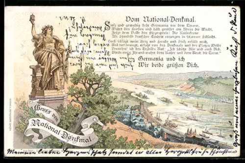 Lithographie Rüdesheim, National-Denkmal auf dem Niederwald