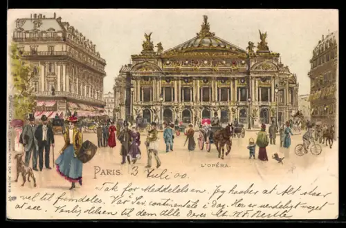 Lithographie Paris, Opéra Garnier mit Passanten und Pferdekutsche