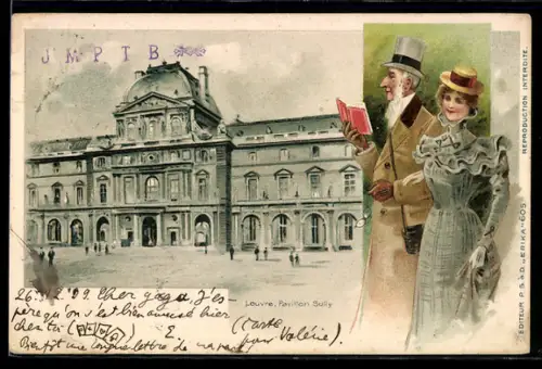Lithographie Paris, Louvre, Pavillon Sully, Paar mit Buch