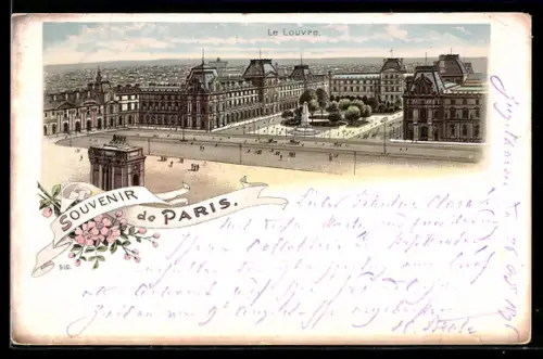 Lithographie Paris, Louvre, Gesamtansicht aus der Vogelschau