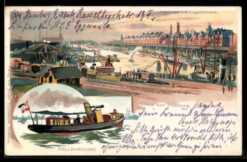 Lithographie Hamburg, Freihafen mit Lagerhäusern, Dampfer