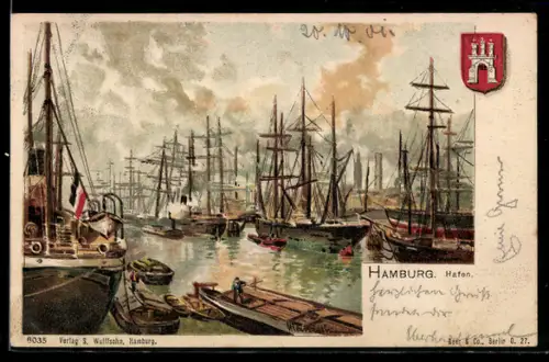 Künstler-AK Hamburg, Segelschiffe im Hafen, Stadtwappen