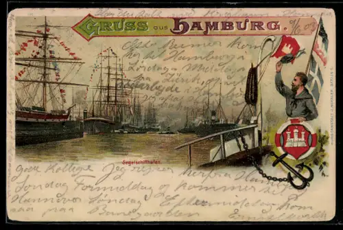 Lithographie Hamburg, Segelschiffhafen, Matrose winkt mit seiner Mütze, Stadtwappen