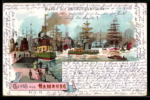 Lithographie Hamburg, Hafen, Landungsbrücke, Dampfer, Segelschiffe