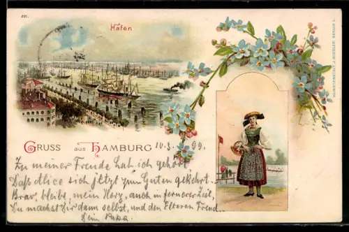 Lithographie Hamburg, Hafen, Frau in Trachten, Segelschiffe, Vergissmeinnicht