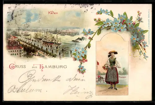 Lithographie Hamburg, Hafen, Frau in Trachten, Segelschiffe, Vergissmeinnicht