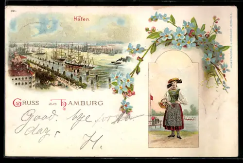 Lithographie Hamburg, Hafen, Frau in Trachten, Segelschiffe, Vergissmeinnicht