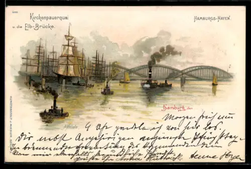 Lithographie Hamburg, Kirchenpauerquai und die Elb-Brücke