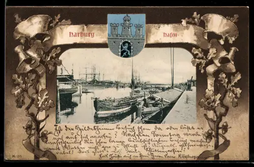 AK Harburg, Hafenansicht, Segelschiffe und Kähne, Wappen