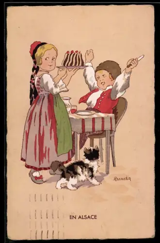 AK Kinder in elsass-lothringischer Tracht mit Katze