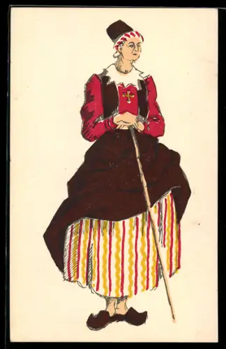 AK Nizza / Nice, Frau in landestypischer Tracht mit Gehstock