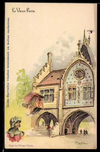 Lithographie Paris, Exposition universelle de 1900, Le Vieux Paris, Cour du Pré aux Clercs