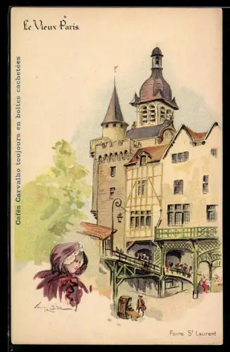 Lithographie Paris, Exposition universelle de 1900, Le Vieux Paris, Chocolat Guérin - Boutron, Foire St. Laurent