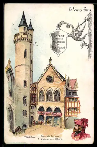Künstler-AK Albert Robida: Paris, Tour du Louvre & Maison aux Piliers