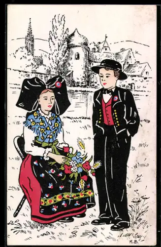 AK Junges Paar in elsass-lothringischer Tracht