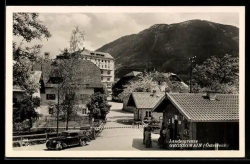 AK Grossgmain, Landesgrenze mit Fallbaum gegen Untersberg