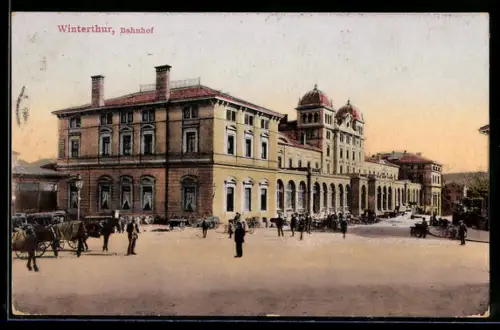AK Winterthur, Pferdekutschen vor dem Bahnhof