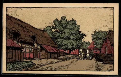 Steindruck-AK Egestorf, Blick in die Dorfstrasse
