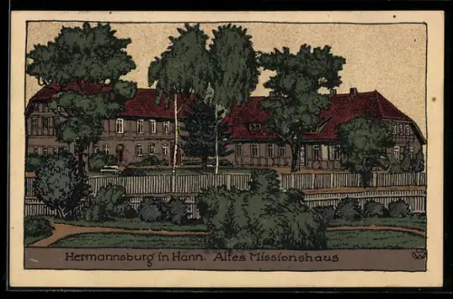 Steindruck-AK Hermannsburg in Hann., Altes Missionshaus mit Gartenanlage