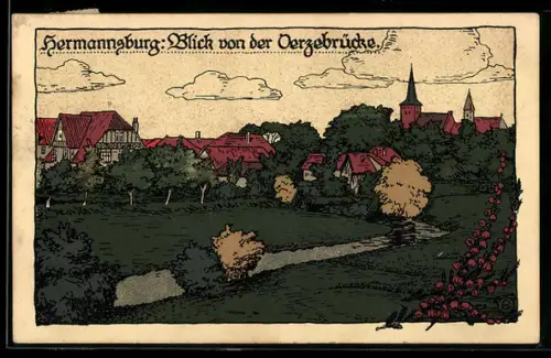 Steindruck-AK Hermannsburg, Blick von der Oerzebrücke