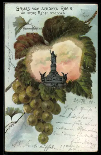 Passepartout-Lithographie Niederwalddenkmal auf Weinblatt