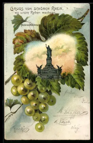Glitzer-Perl-Passepartout-Lithographie Rüdesheim, Niederwalddenkmal, Weinblatt und Rispe