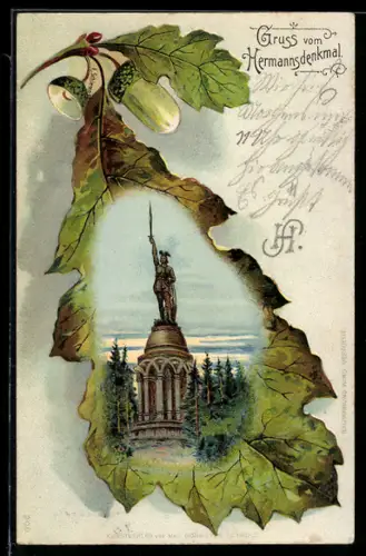 Passepartout-Lithographie Detmold, Hermannsdenkmal im Eichenblatt