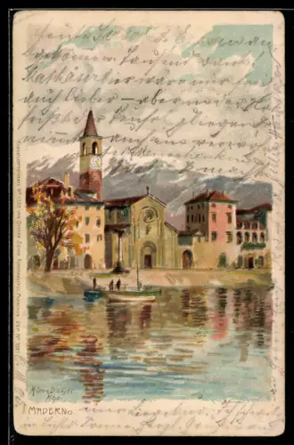 Künstler-AK Zeno Diemer: Maderno, Teilansicht mit Kirche gegen die Berge