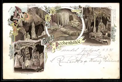 Lithographie Dechenhöhle, Blick in Kaiserhalle, Orgelgrotte, Alhambrahalle und Nixengrotte, Zwerge