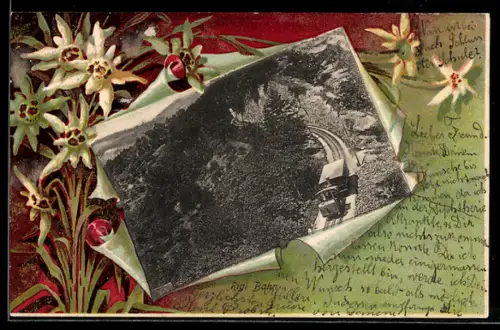 AK Rigi Bahn bei der Talfahrt, Bergbahn, Passepartout und Edelweiss