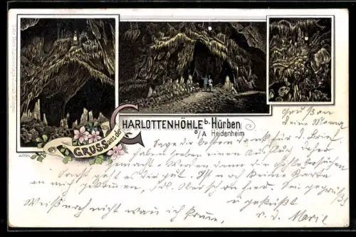 Lithographie Hürben, verschiedene Ansichten der Charlottenhöhle