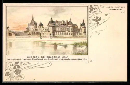 Lithographie Chantilly, Chateau, Blumenverzierungen