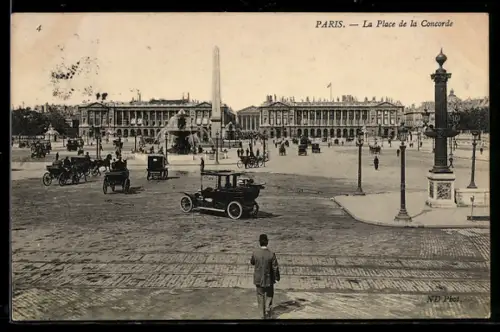 AK Paris, Place de la Concorde, Ansicht mit Passanten, Autos und Kutschen
