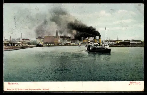 AK Malmö, Dampfer verlässt den Hafen, Hamnen