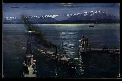 Künstler-AK Konstanz, Hafen mit Dampfer am Abend