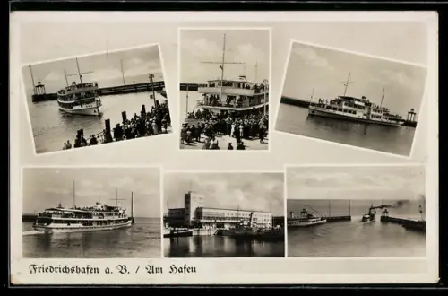 AK Friedrichshafen a. B., Am Hafen mit Dampfern und Hafengebäude