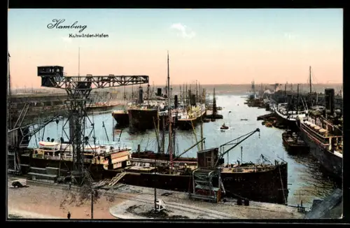 AK Hamburg, Kuhwärder-Hafen im Abendrot