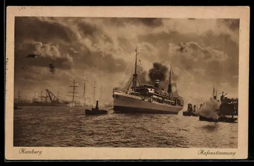 AK Hamburg, Hafen, Schlepper zieht Passagierdampfer