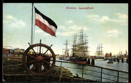 AK Hamburg, Segelschiffhafen, deutsche Flagge über einem Steuerrad
