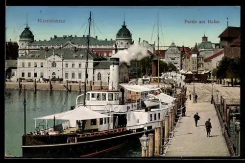 AK Konstanz, Partie am Hafen mit Bodensee-Dampfer