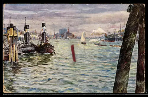 AK Hamburg, Hafen von den Landungsbrücken aus, Dampfer